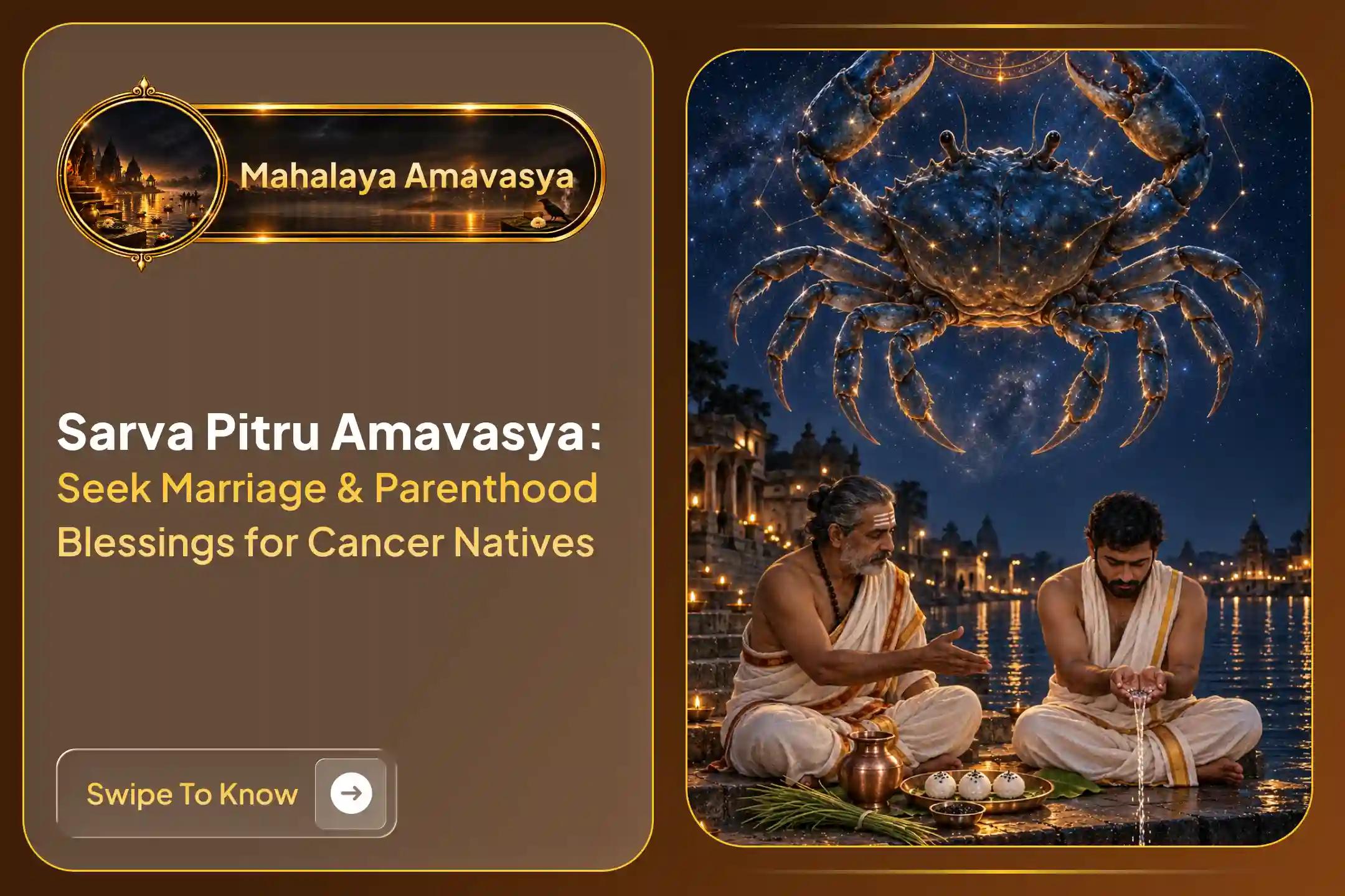 Participate in the 'Pitru Shanti Puja for Cancer (Karka) Rashi' on Mahalaya Amavasya to seek ancestral karmic relief, remove marital obstacles, and overcome delays in parenthood and family growth