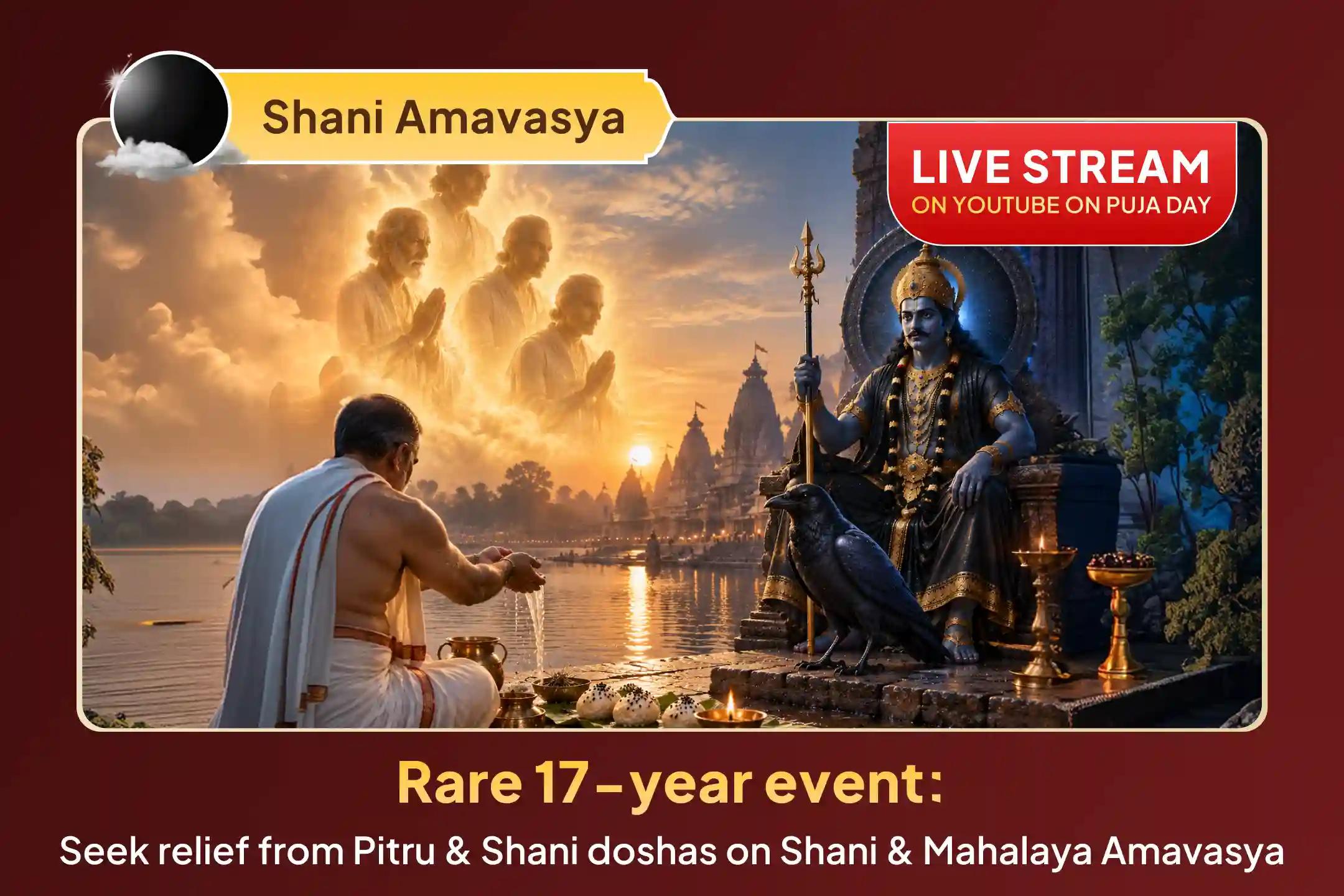 Participate in the rare Mahalaya and Shani Amavasya Pitru and Shani Dosha Parihara Puja to pacify ancestral karmas, gain relief from Shani Dosha, and overcome persistent life obstacles and financial stress