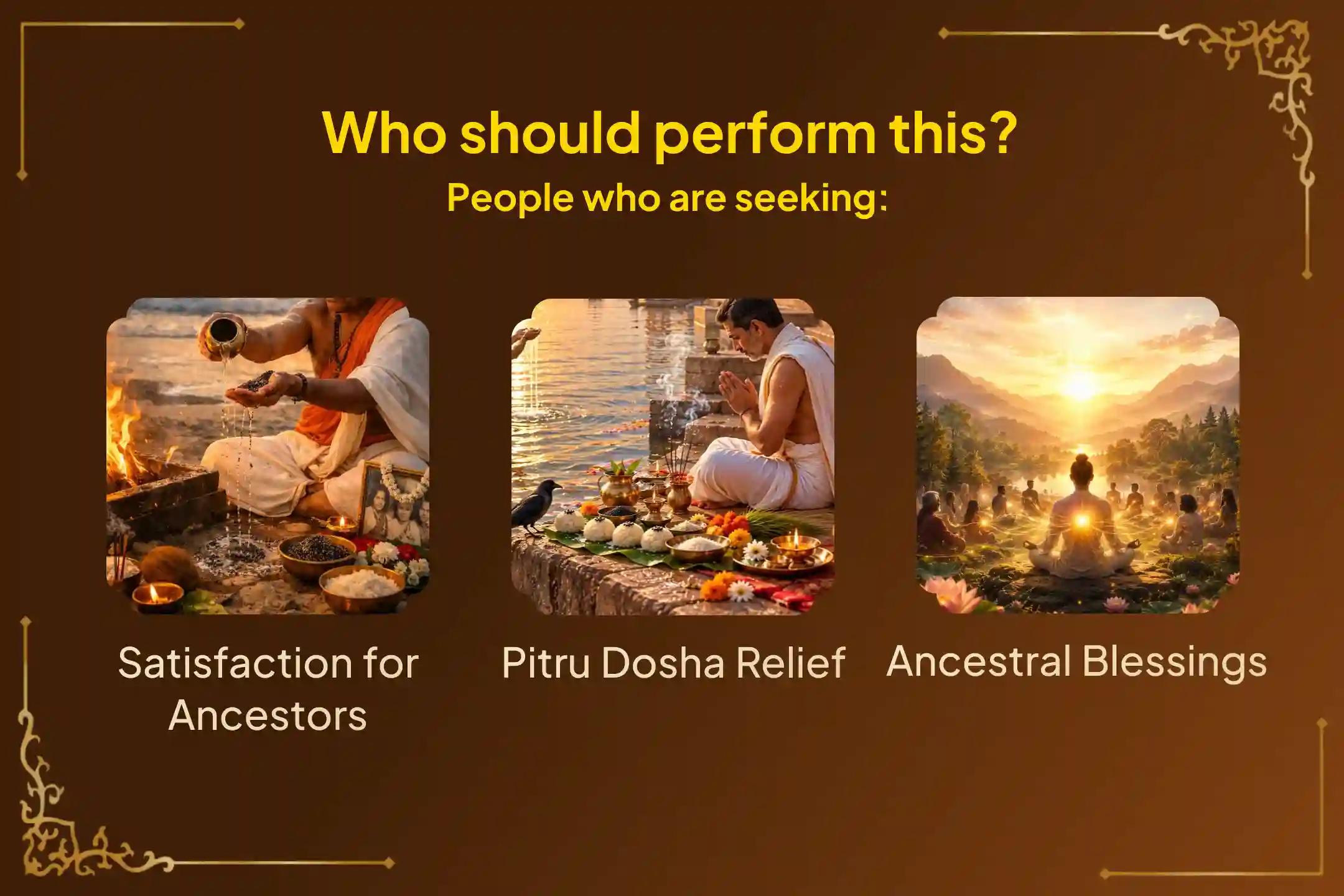 Participate in the Pitru Stotram, Shradh Puja, and Pind Pradana on Mahalaya Amavasya to satisfy departed ancestors, seek their blessings, and remove the effects of Pitru Dosha.