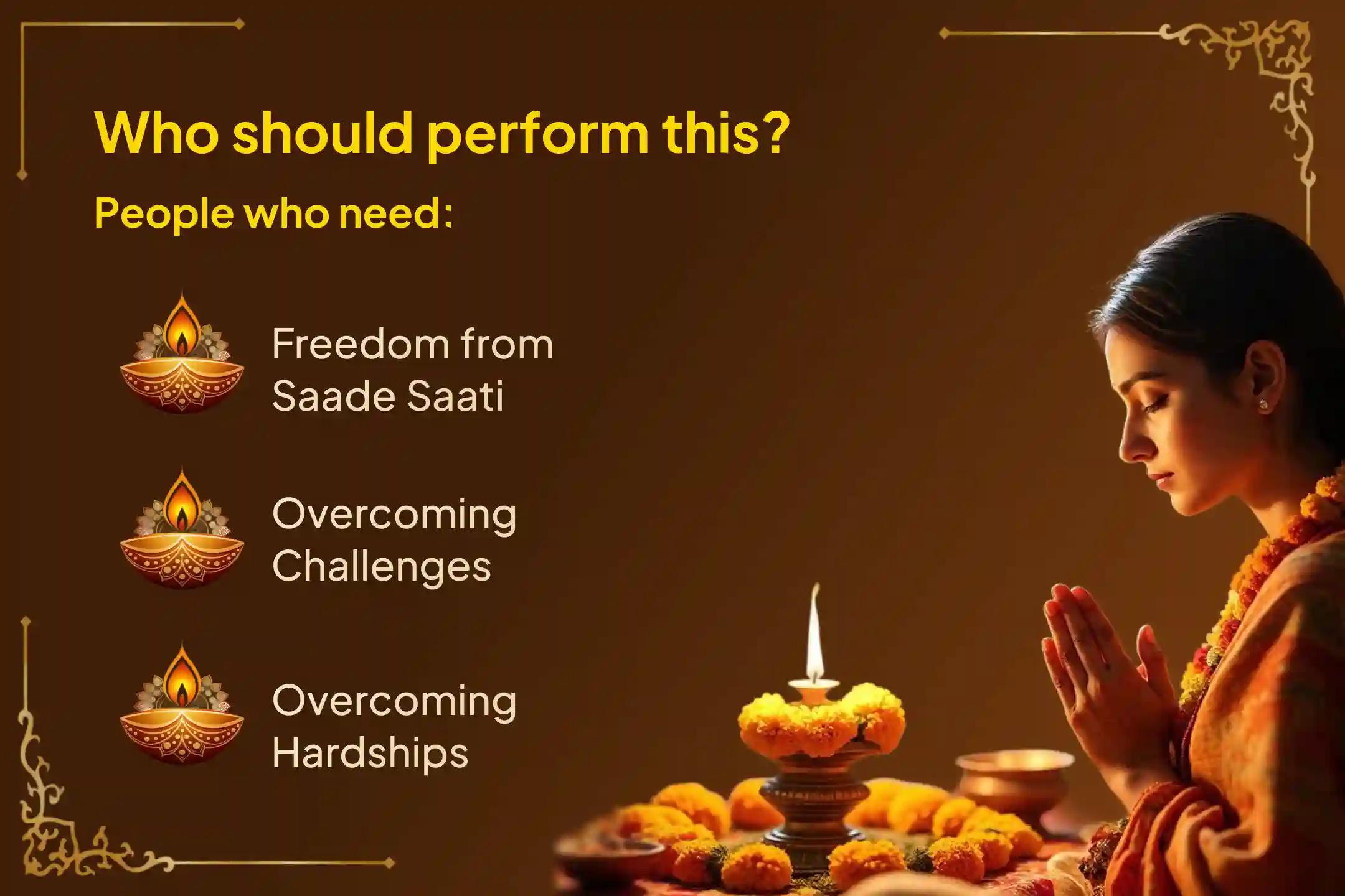 Participate in the Shani Trayodashi - Shani Saade Saati Special Shani Saade Saati Peeda Shanti Mahapuja, Shani Til Tel Abhishek, and Mahadasha Shanti Mahapuja to get relief from Shani Saade Saati and the Mahadasha of Shani