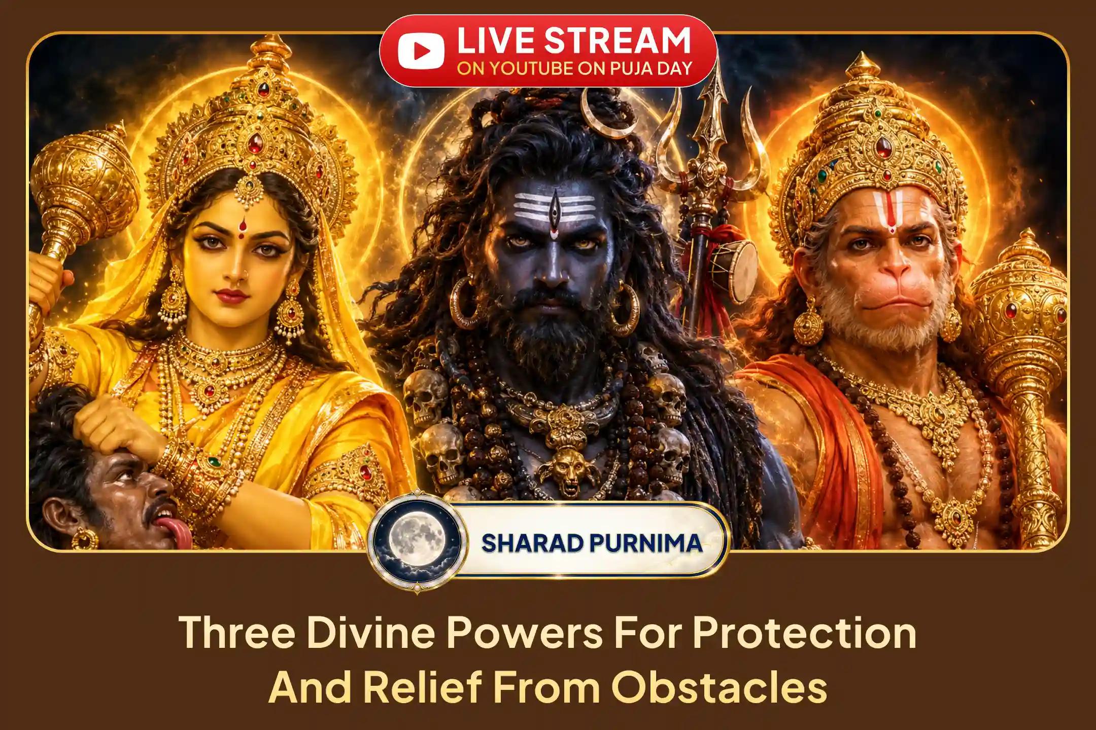 🌕 On Sharad Purnima’s radiant full moon night, seek the combined blessings of Maa Bagalamukhi, Kaal Bhairav, and Sankat Mochan Hanuman Ji.