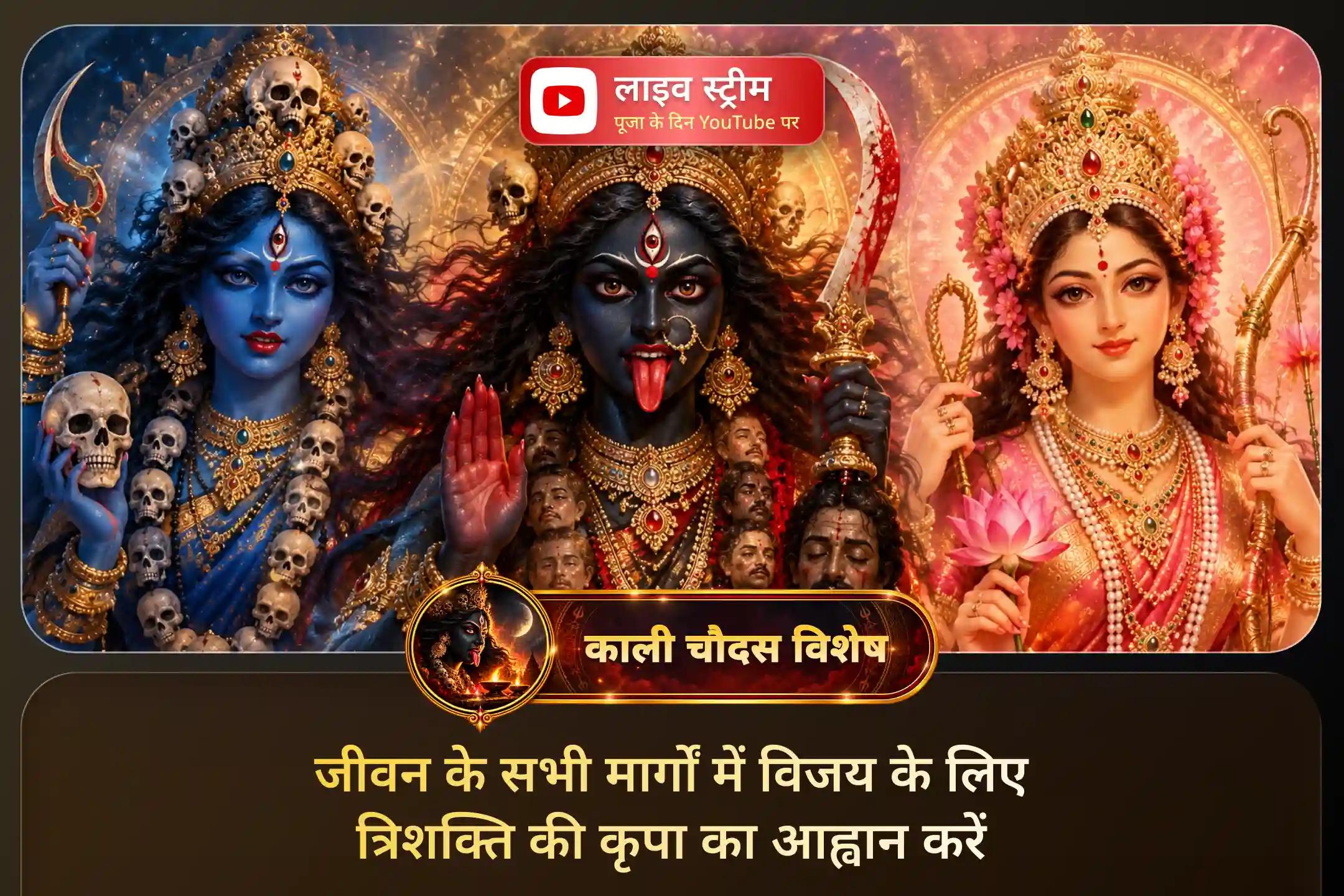 इस काली चौदस, जीवन की सबसे बड़ी बाधाओं को दूर करने के लिए शक्ति के तीन स्वरूपों का आह्वान करें।