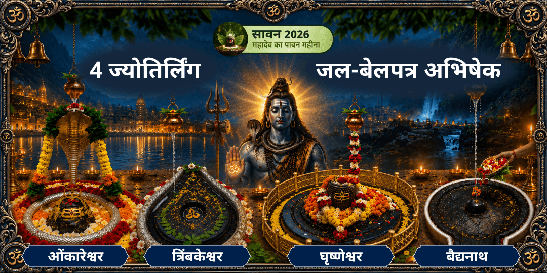 सावन अंतिम सोमवार पर एक साथ 4 ज्योतिर्लिंगों ओंकारेश्वर, त्र्यंबकेश्वर, घृष्णेश्वर एवं वैद्यनाथ में आपके नाम संकल्प से जलाभिषेक! सावन अंतिम सोमवार पर एक साथ 4 ज्योतिर्लिंगों ओंकारेश्वर, त्र्यंबकेश्वर, घृष्णेश्वर एवं वैद्यनाथ में आपके नाम संकल्प से जलाभिषेक!
