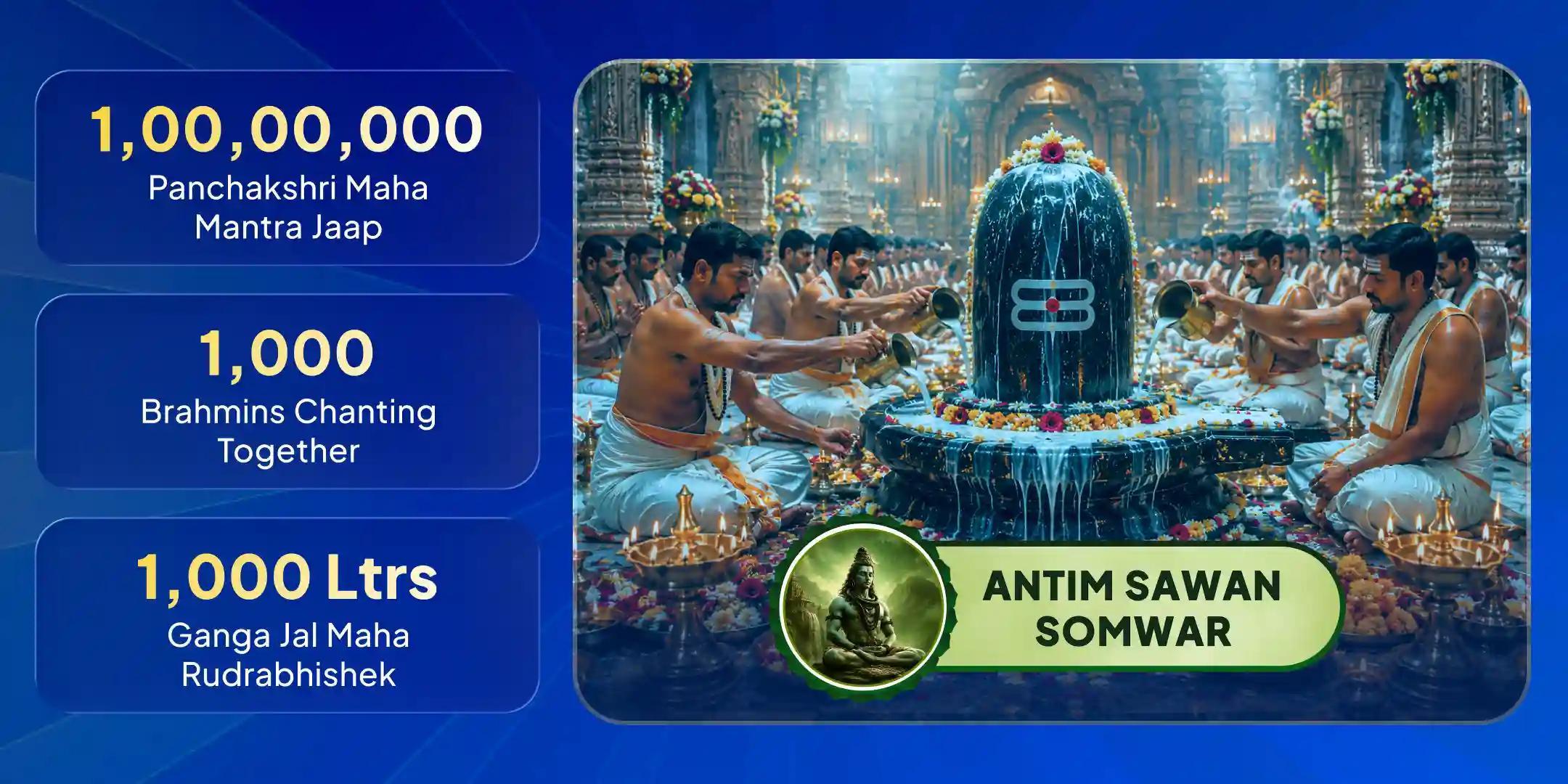1,00,00,000 (1crore) Panchakshri Maha Mantra Jaap by 1000 Brahmins on Antim Sawan Somvar with 1000 Ltr. Ganga Jal Maha Rudrabhishek 1,00,00,000 (1crore) Panchakshri Maha Mantra Jaap by 1000 Brahmins on Antim Sawan Somvar with 1000 Ltr. Ganga Jal Maha Rudrabhishek