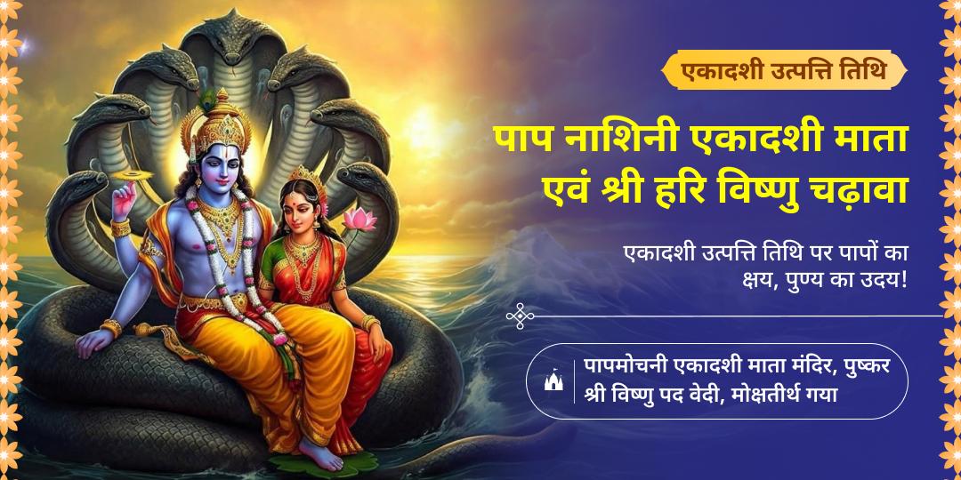 सर्वपापनाशिनी एकादशी तिथि एवं एकादशी माता की उत्पत्ति तिथि पर - पुष्कर स्थित एकादशी माता एवं मोक्षतीर्थ गया स्थित विष्णुपद में चढ़ावा करें। सर्वपापनाशिनी एकादशी तिथि एवं एकादशी माता की उत्पत्ति तिथि पर - पुष्कर स्थित एकादशी माता एवं मोक्षतीर्थ गया स्थित विष्णुपद में चढ़ावा करें।